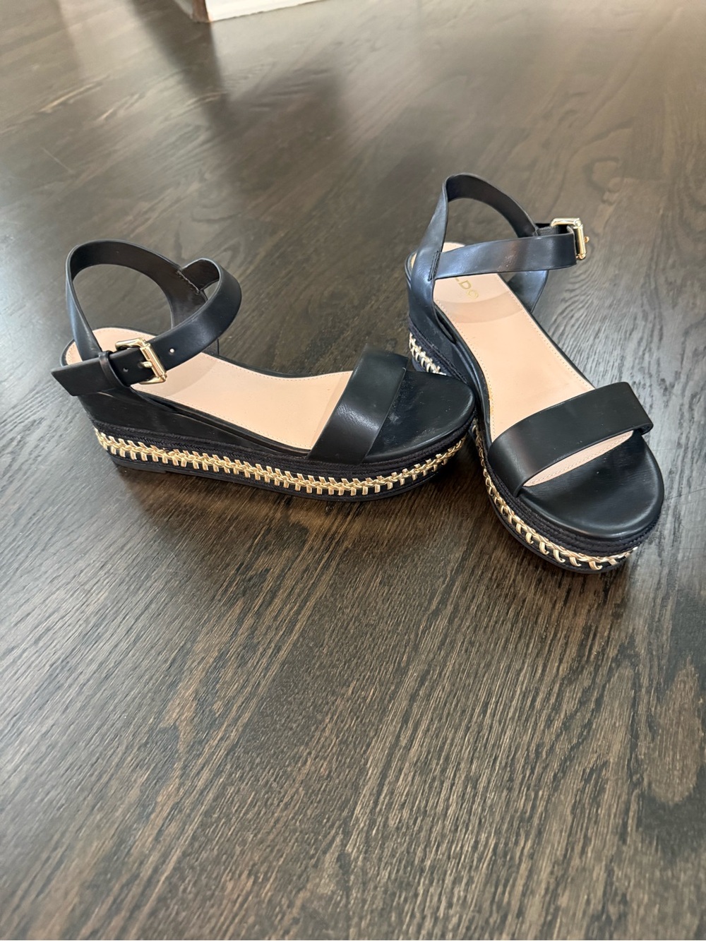 Aldo Black Platform Sandals with Gold Chain Detail